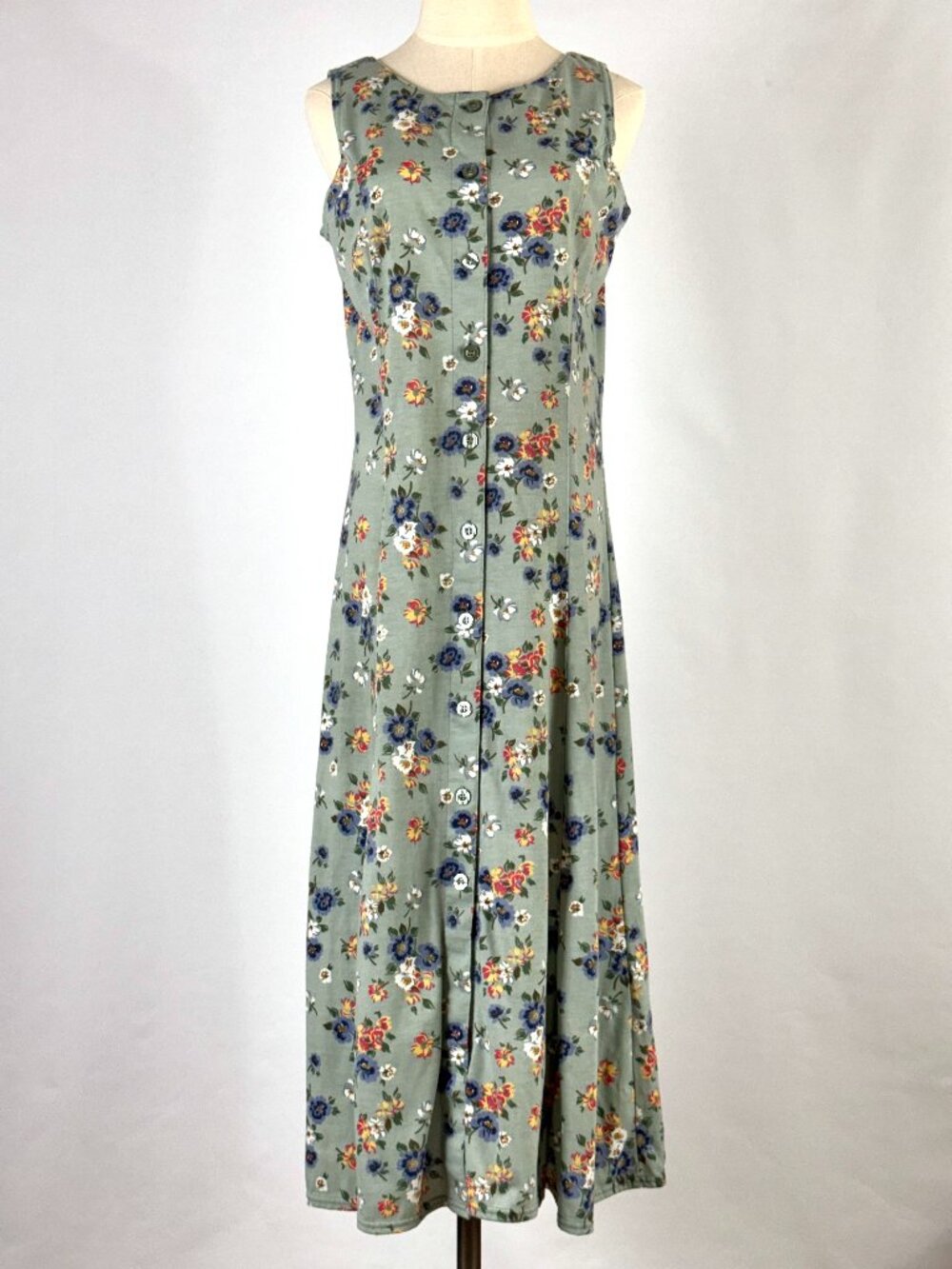 Vtg 90s Green Floral Jersey Button Front Sleeveless Dress Cottagecore Miss Honey
